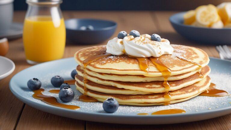 Close up of Keto breakfast pancakes topped with cream cheese & berries